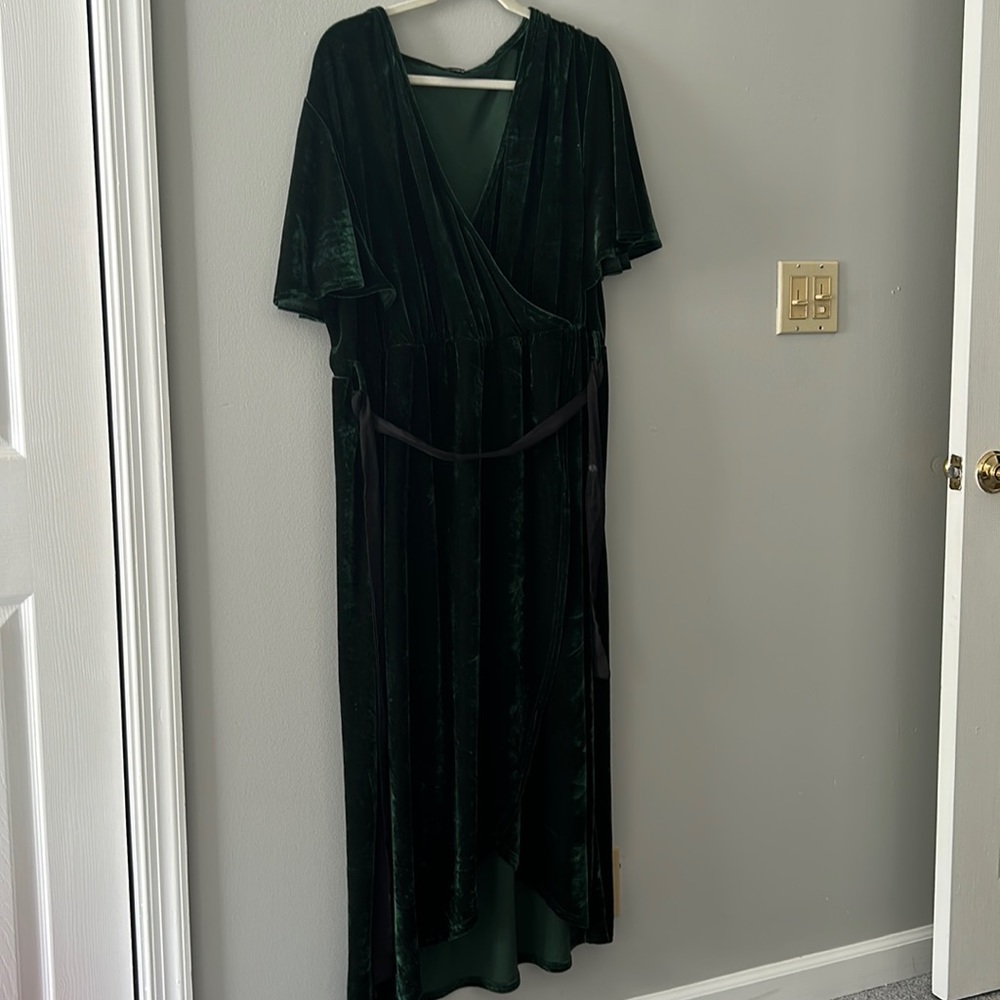 Dark green velvet dress long with slit up front and belt tie